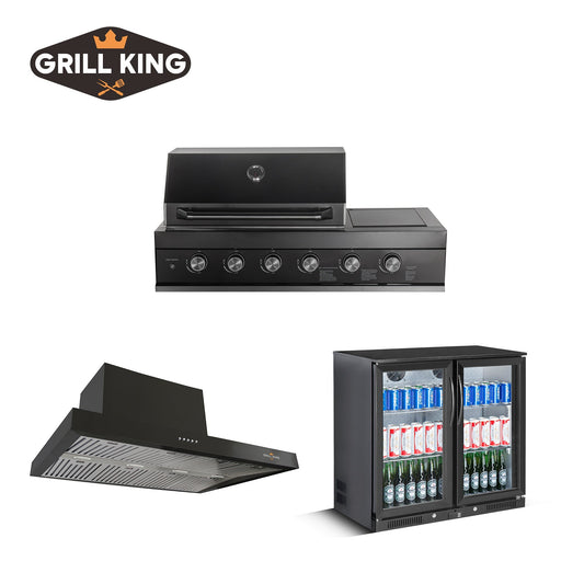 Ultimate BBQ Kitchen Bundle: 4B Black SS Drop In BBQ, 120CM Commercial Rangehood, and 208L Underbench Alfresco Bar Fridge