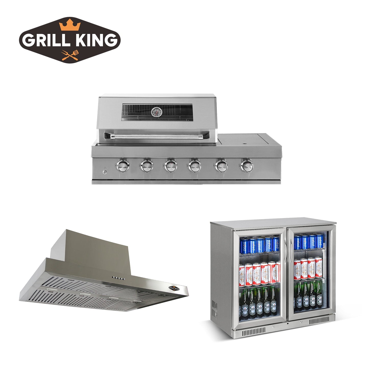 Ultimate BBQ Kitchen Bundle: 4B SS Drop In BBQ, 120CM Commercial Rangehood, and 208L Underbench Alfresco Bar Fridge