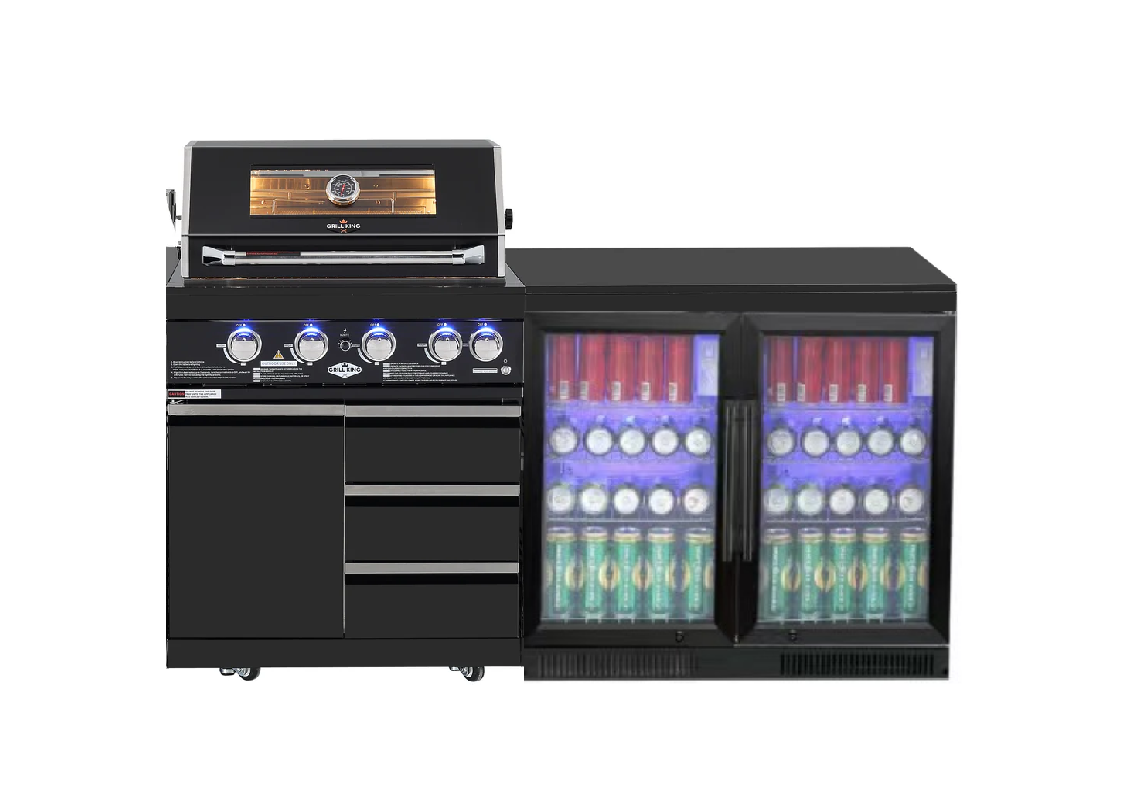 4 Burner Non Wok Black Stainless Steel BBQ Kitchen: Stone Bench, Fridge, Sink, Height Adjustable, Rotisserie with BBQ Cover