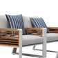 Morlaix 4 Piece Hampton Style Designer Outdoor Lounge Set: White Aluminium, Acacia Wood, Table & Cushions