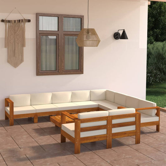 10 Piece Garden Lounge Set with Cream White Cushions Acacia Wood