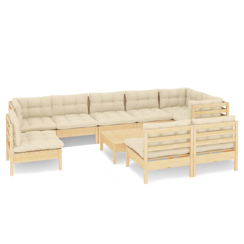 10 Piece Garden Lounge Set with Cream Cushions Solid Pinewood