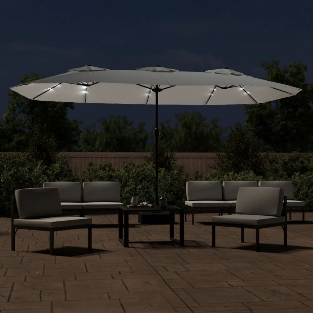 Double-Head Garden Parasol with LEDs Sand White 449x245 cm