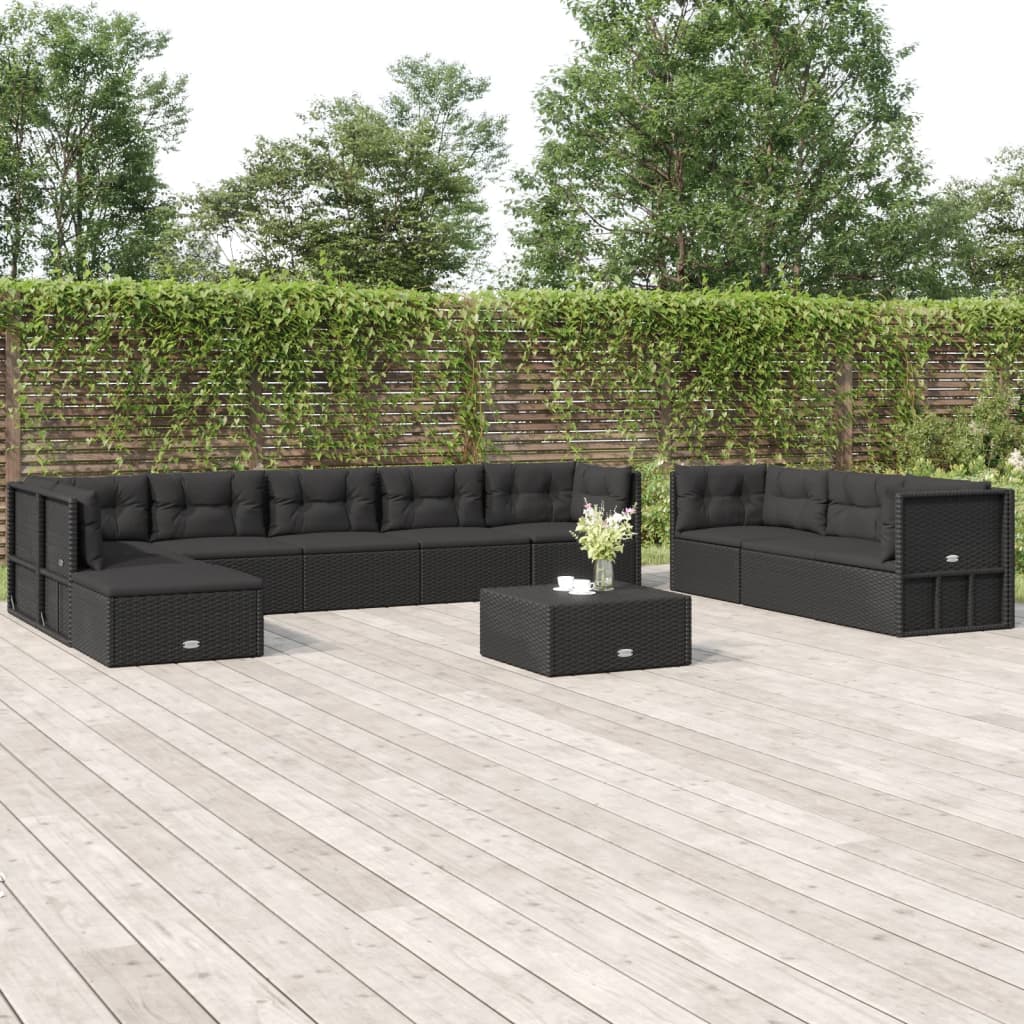 10 Piece Garden Lounge Set with Cushions Black Poly Rattan