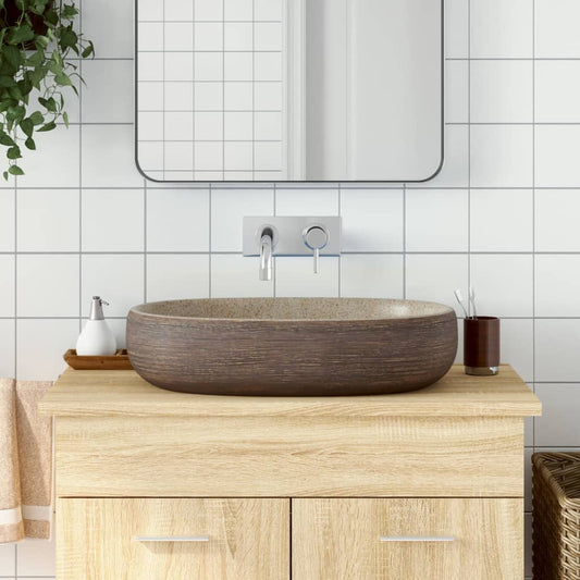 Countertop Basin Sand and Brown Oval 59x40x14 cm Ceramic