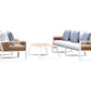 Morlaix 4 Piece Hampton Style Designer Outdoor Lounge Set: White Aluminium, Acacia Wood, Table & Cushions