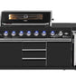 Kingsley 6-Burner Outdoor BBQ Kitchen + 21” Smoker Module: Black Stainless Steel, Stone Bench, Fridge, Sink, Height Adjustable, Rotisserie with BBQ Cover