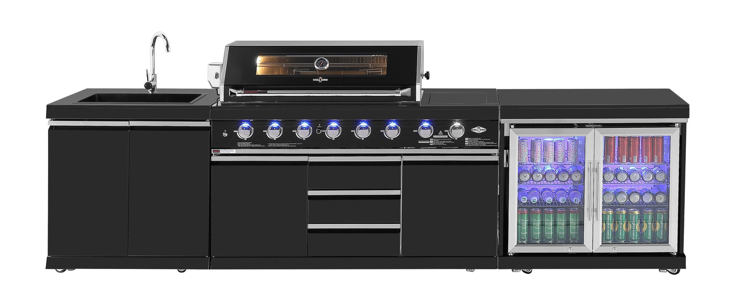 Kingsley 6-Burner Outdoor BBQ Kitchen + 21” Smoker Module: Black Stainless Steel, Stone Bench, Fridge, Sink, Height Adjustable, Rotisserie with BBQ Cover