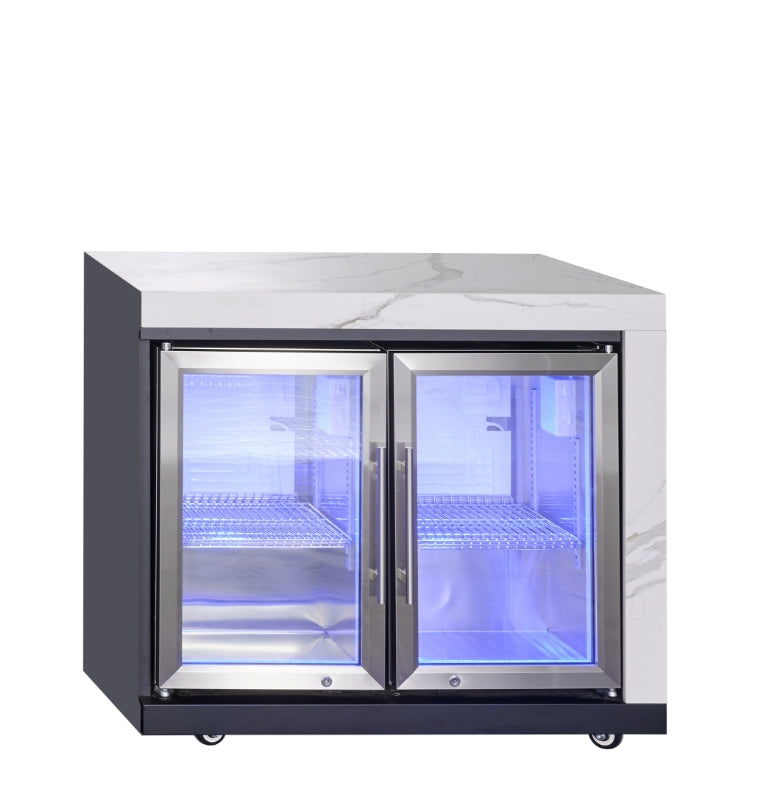 Rockpool 4B Flat Hood BBQ Kitchen | Teppanyaki BBQ Kitchen Package with Hampton Style White Cabinets, Stainless Steel Flat Hood, Fridge and Sink