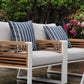 Morlaix 4 Piece Hampton Style Designer Outdoor Lounge Set: White Aluminium, Acacia Wood, Table & Cushions