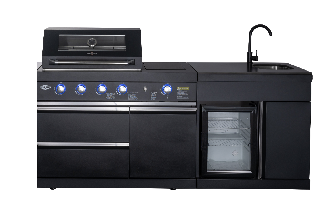 Black Felix 4B + Wok Designer BBQ Kitchen 2.8M: Fridge, Faucet, Sink, Side Wok, Storage Cupboard, Stone Benchtops