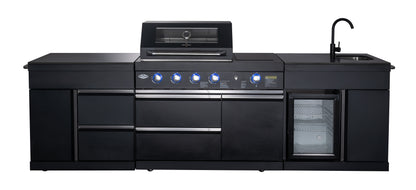 test rey 1 Black Felix 4B + Wok Designer BBQ Kitchen 2.8M: Fridge, Faucet, Sink, Side Wok, Storage Cupboard, Stone Benchtops