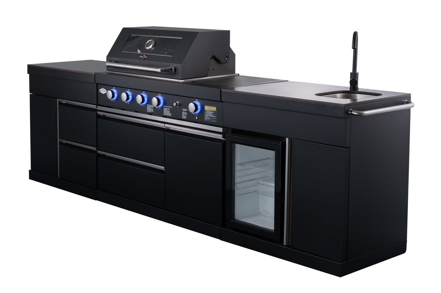 Black Felix 4B + Wok Designer BBQ Kitchen 2.8M: Fridge, Faucet, Sink, Side Wok, Storage Cupboard, Stone Benchtops