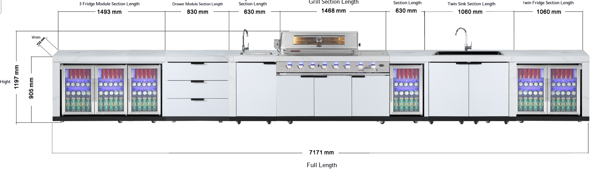 Rockpool White 6B + 188L Kegerator : Designer Outdoor Kitchen BBQ Package Inc Wok Burner, Fridge, Sink, Rotisserie & BBQ Covers.