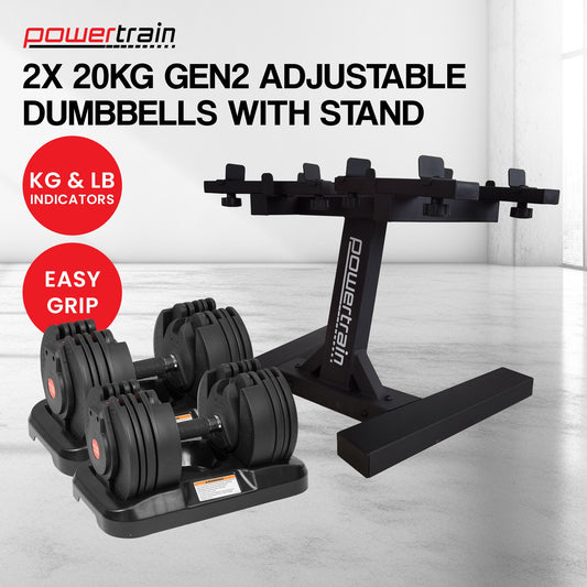 40kg Powertrain GEN2 Adjustable Dumbbell Set with Pro Stand