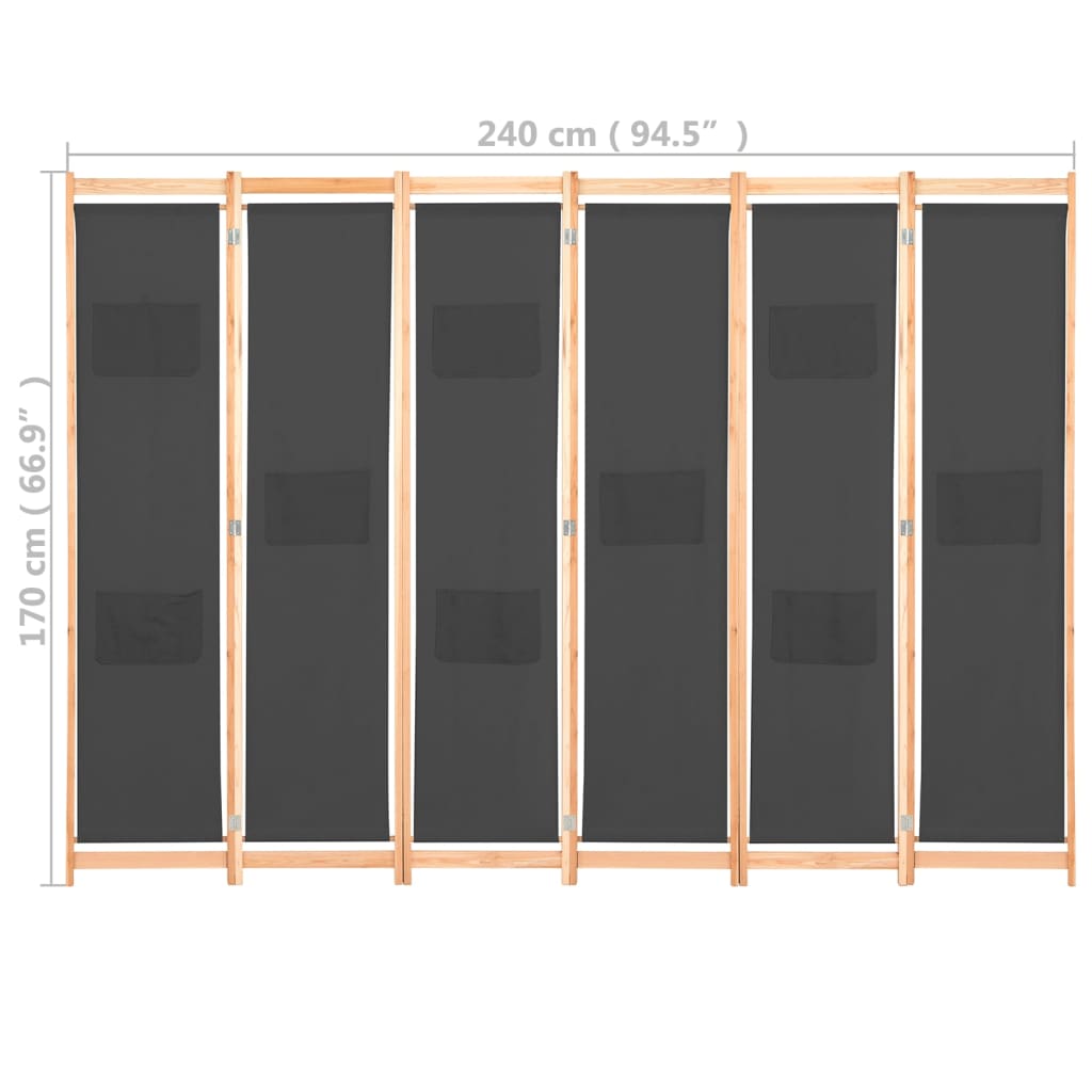 6Panel Room Divider Grey 240x170x4 cm Fabric