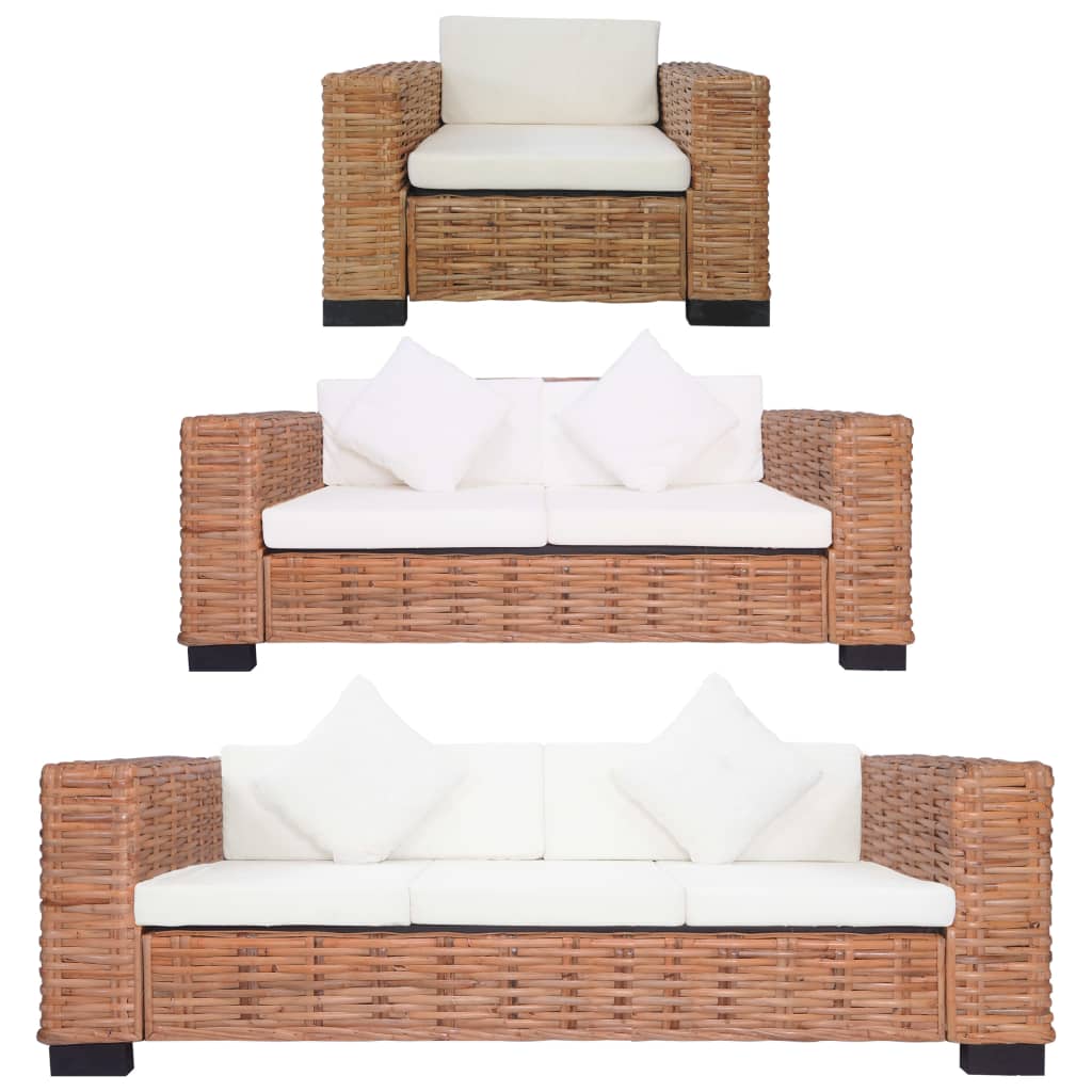 3 Piece Sofa Set with Cushions Natural Rattan (283081+244418+244419)