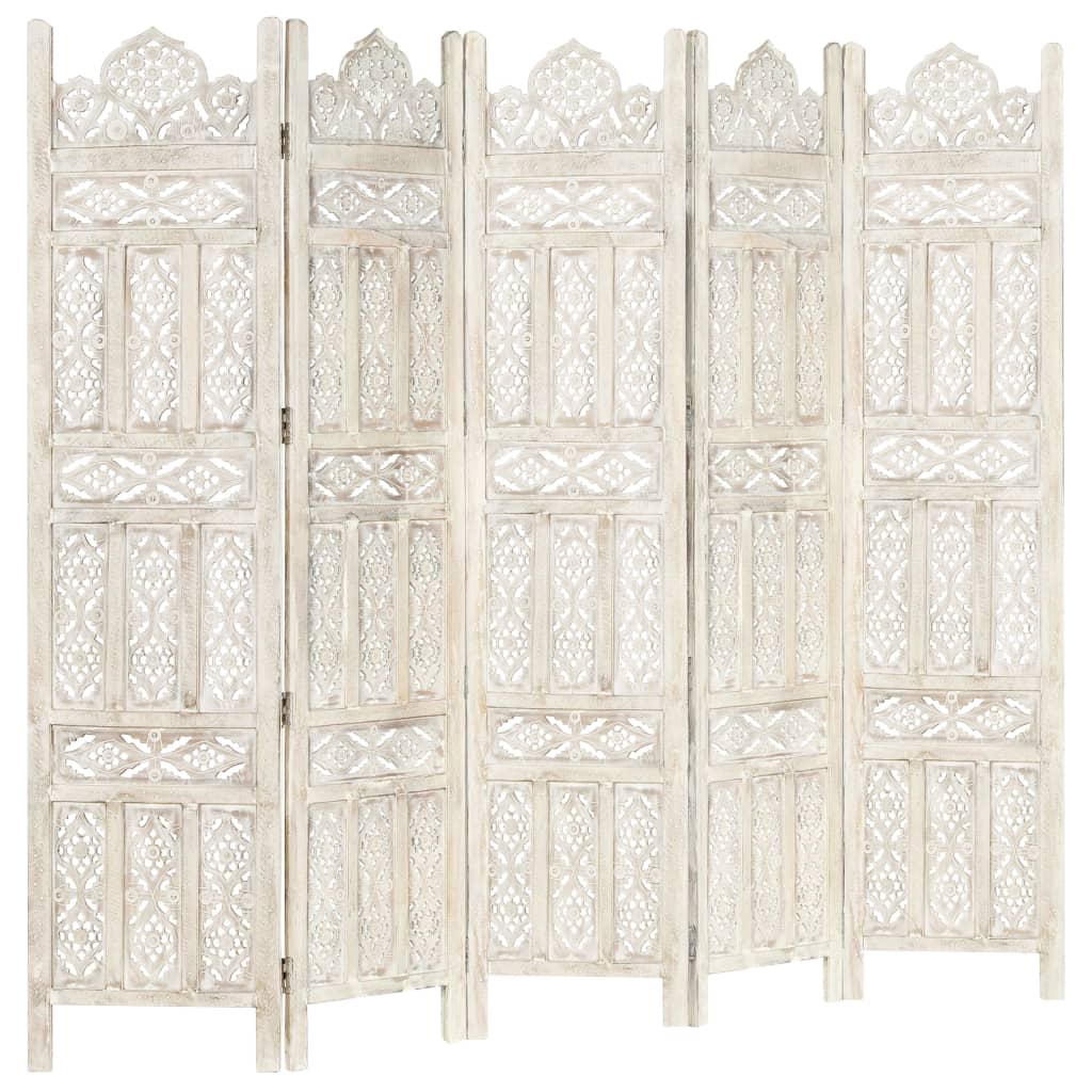 Hand carved 5-Panel Room Divider White 200x165 cm Solid Mango Wood