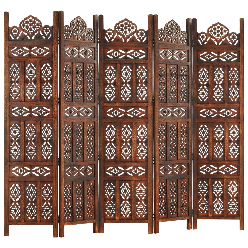 Hand carved 5-Panel Room Divider Brown 200x165 cm Solid Mango Wood