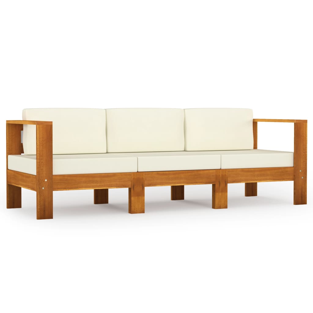 3-Seater Garden Sofa with Cream White Cushions Solid Acacia Wood (310640+310642++310646)