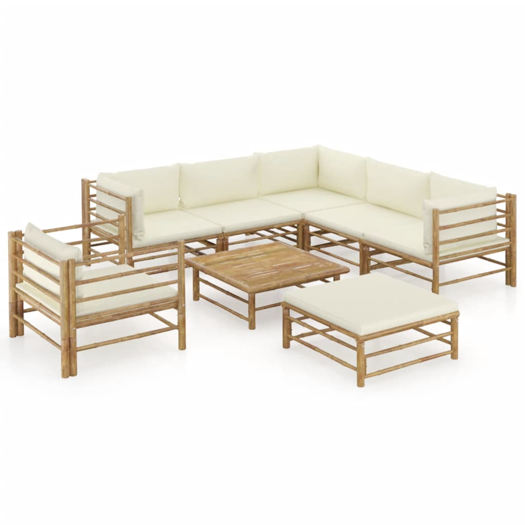 8 Piece Garden Lounge Set with Cream White Cushions Bamboo (313142+313143+2x313145+313148)