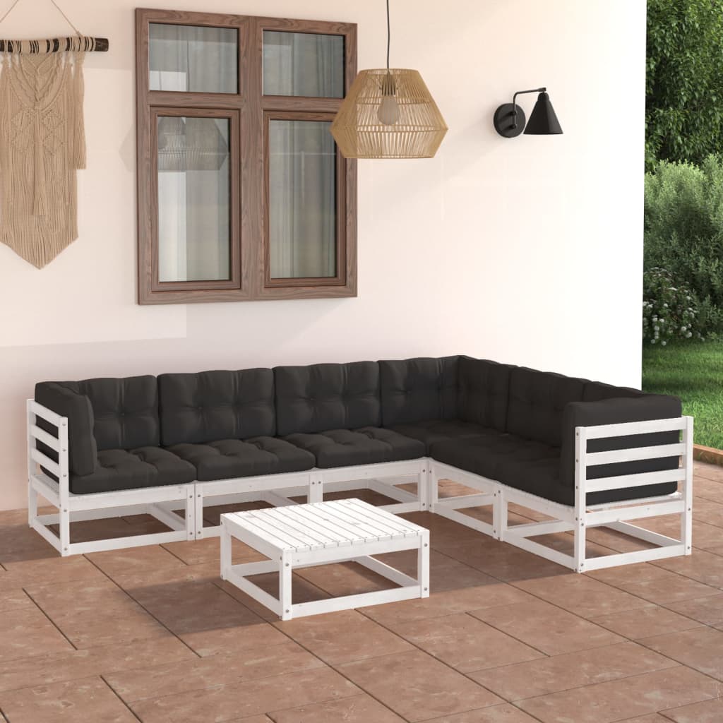 7 Piece Garden Lounge Set with Cushions White Solid Pinewood (805671+805731+805736+805746)
