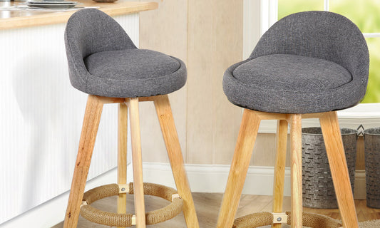 2 X Wooden Bar Stools Grey Fabric