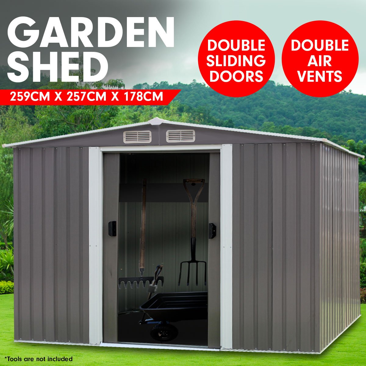 Garden Shed Spire Roof 8ft x 8ft Outdoor Storage Shelter - Grey