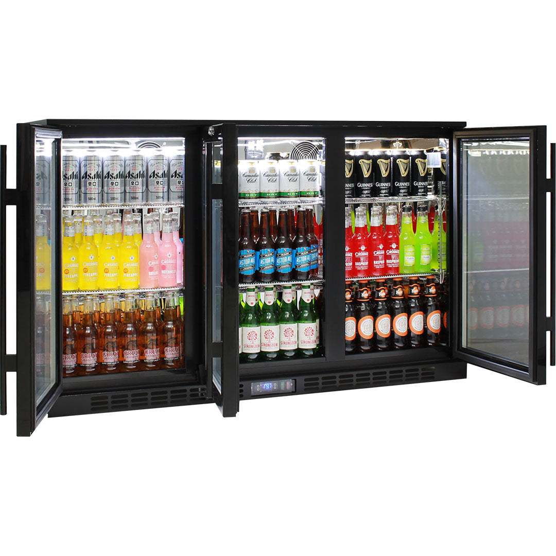 Commercial Glass 3 Door Black Under Bench Bar Fridge With Heated Glass To Stop Condensation