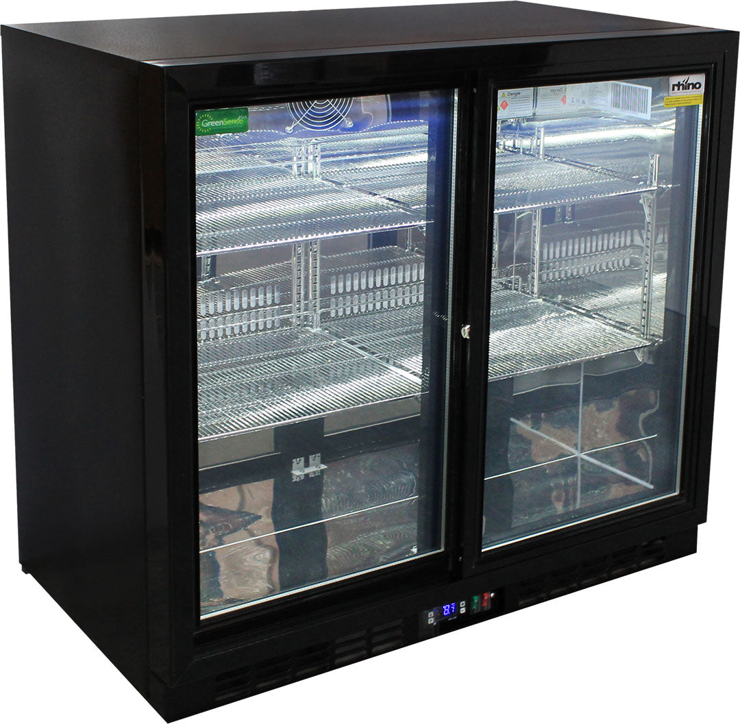 Rhino Black Glass Sliding Under Bench 2 Door Bar Fridge Energy Efficient LG Compressor