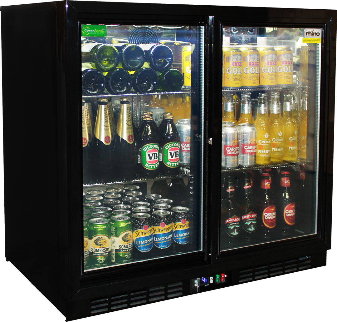 Rhino Black Glass Sliding Under Bench 2 Door Bar Fridge Energy Efficient LG Compressor