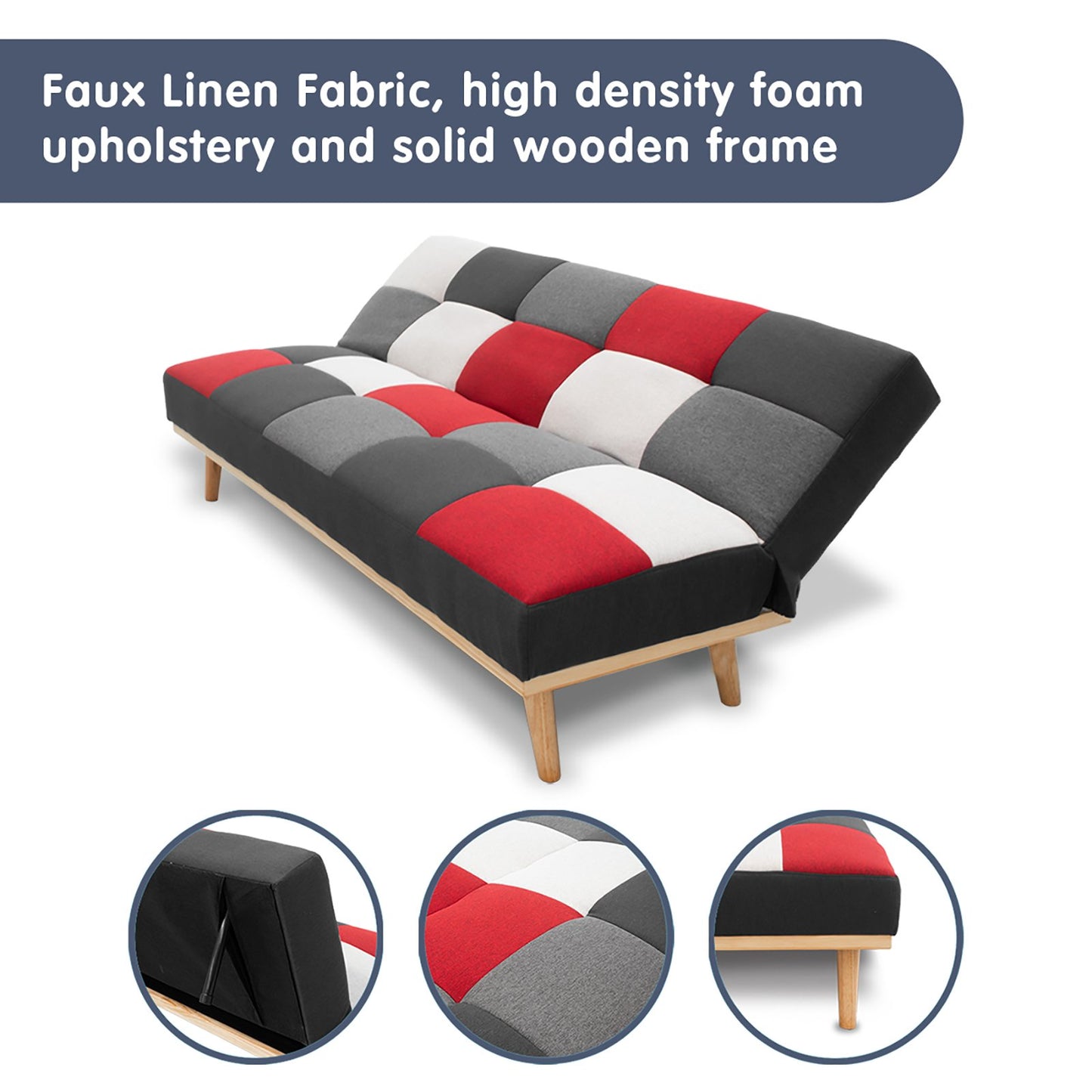3 Seater Modular Linen Fabric Wood Sofa Bed Couch - Multi-colour