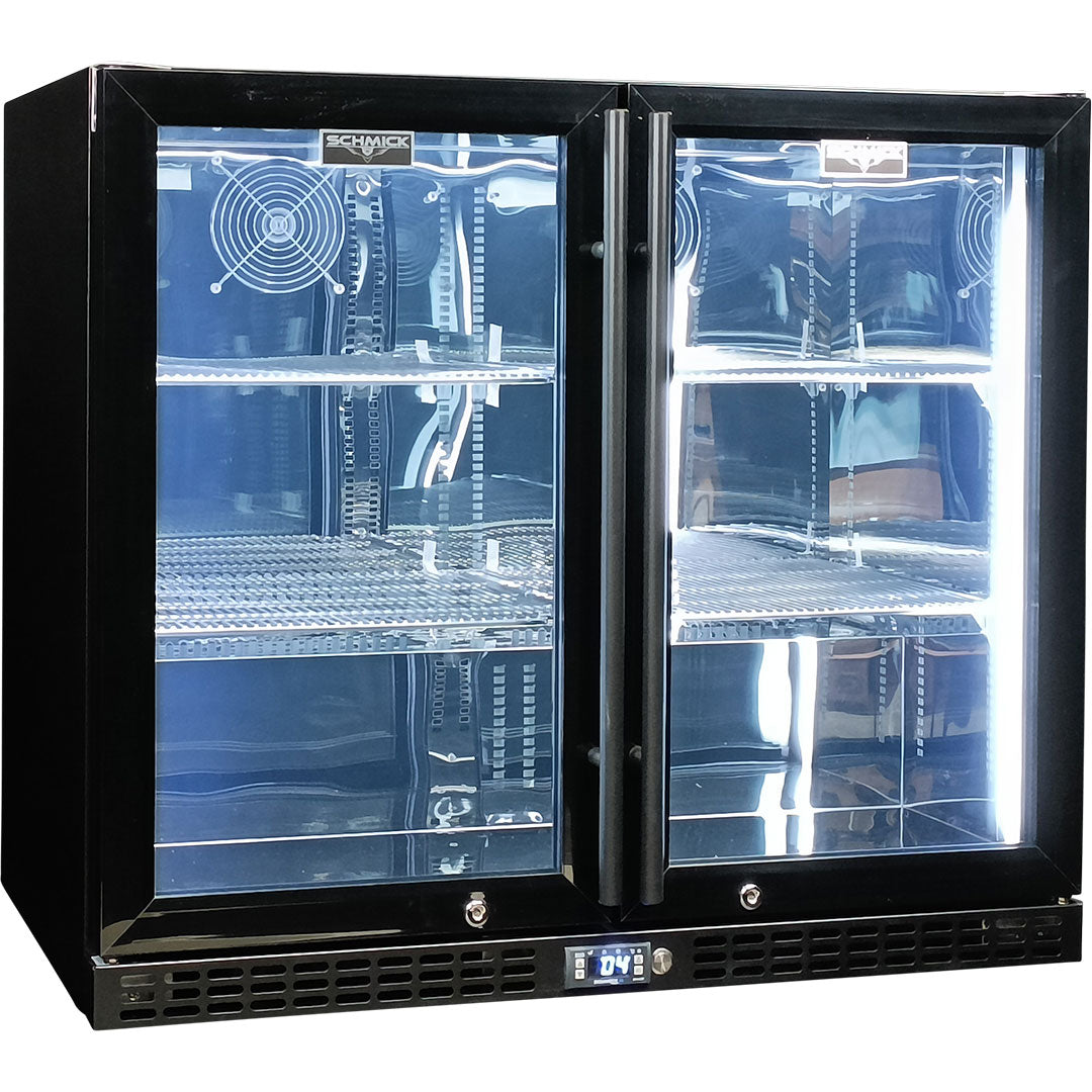 Schmick Twin Door Quiet Running  Black Triple Glazed Glass Door Bar Fridge Model SK206-B - Low Height