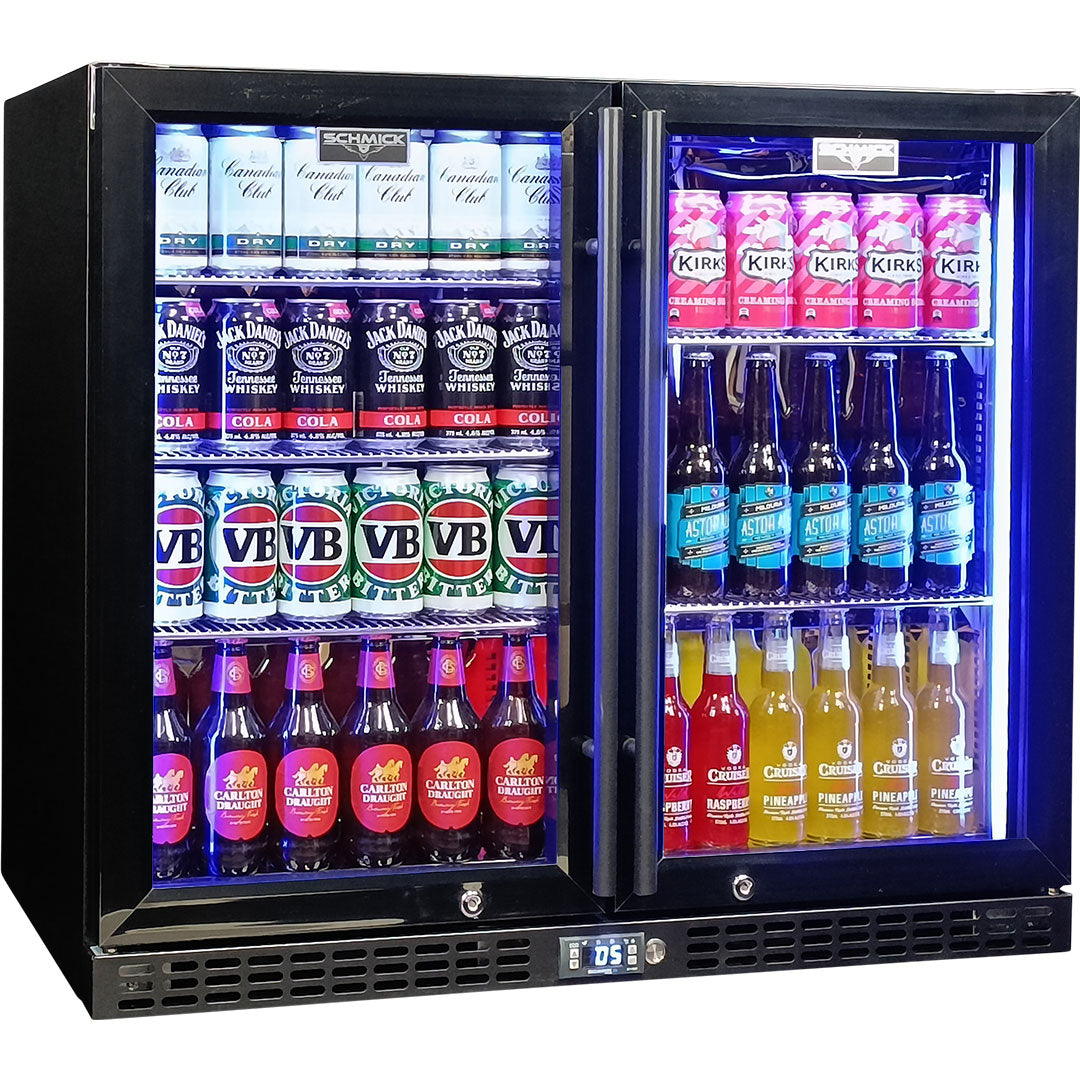 Schmick Twin Door Quiet Running  Black Triple Glazed Glass Door Bar Fridge Model SK206-B - Low Height