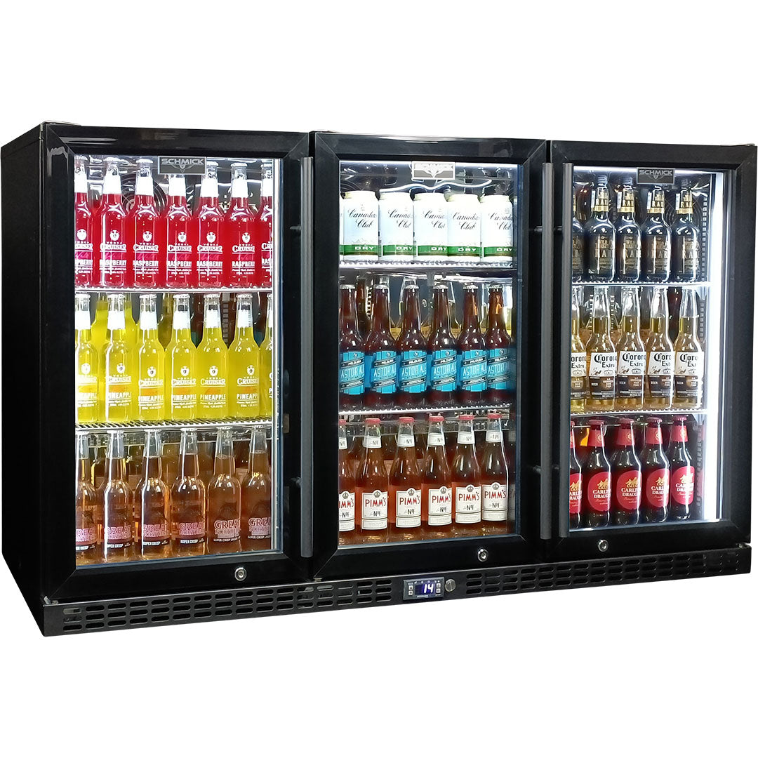 Schmick 3 Door Quiet Running Triple Glazed Black Glass Door Bar Fridge Model SK386-B