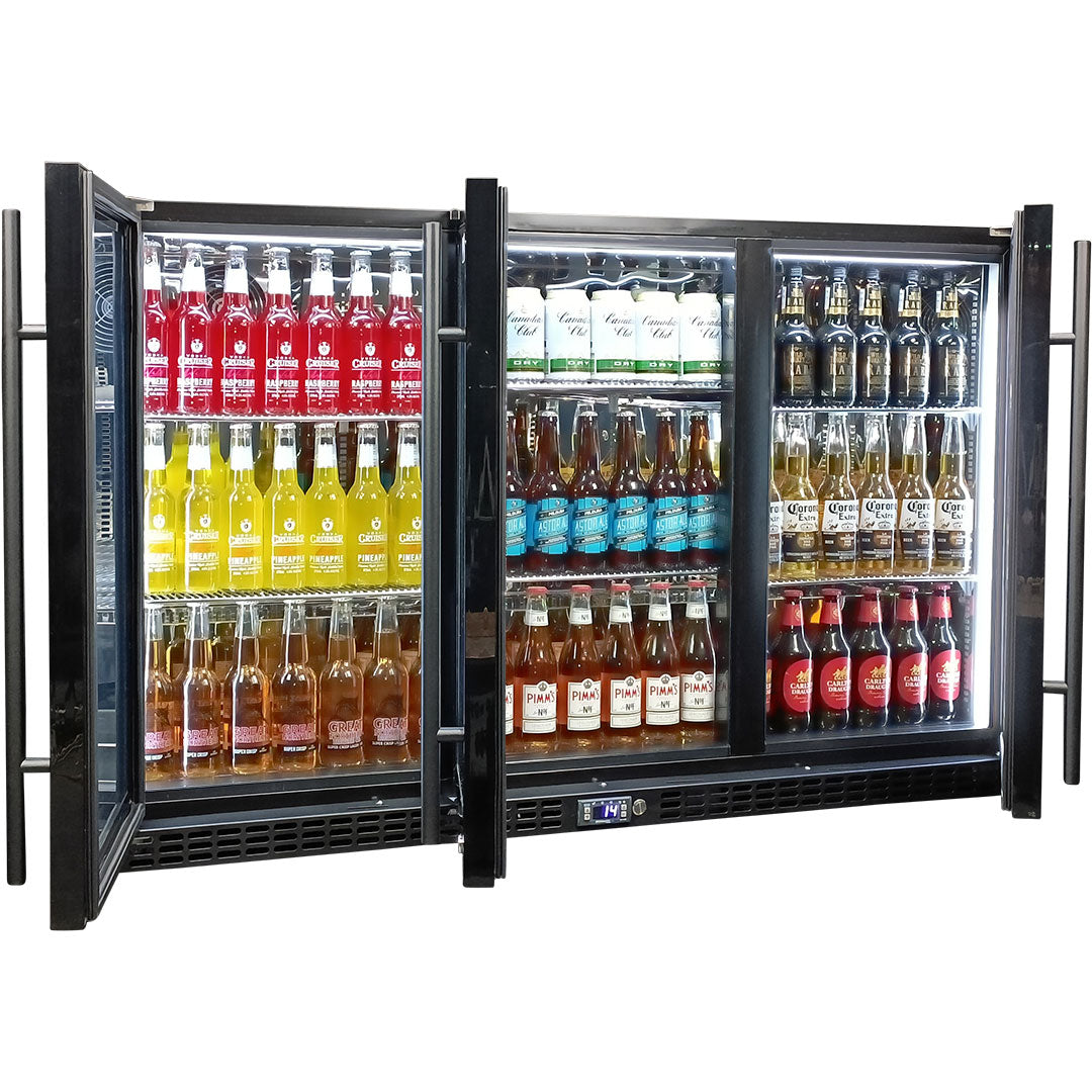 Schmick 3 Door Quiet Running Triple Glazed Black Glass Door Bar Fridge Model SK386-B