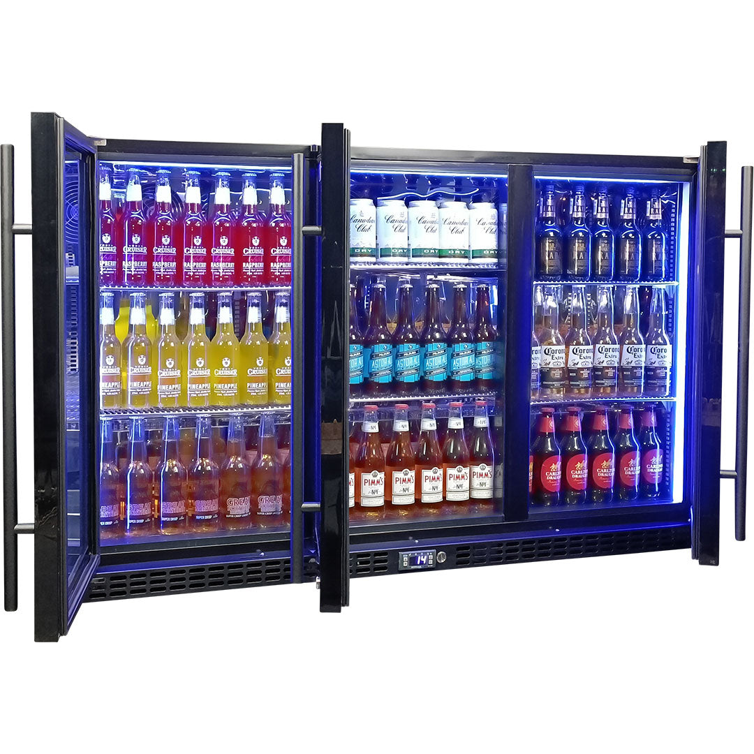 Schmick 3 Door Quiet Running Triple Glazed Black Glass Door Bar Fridge Model SK386-B