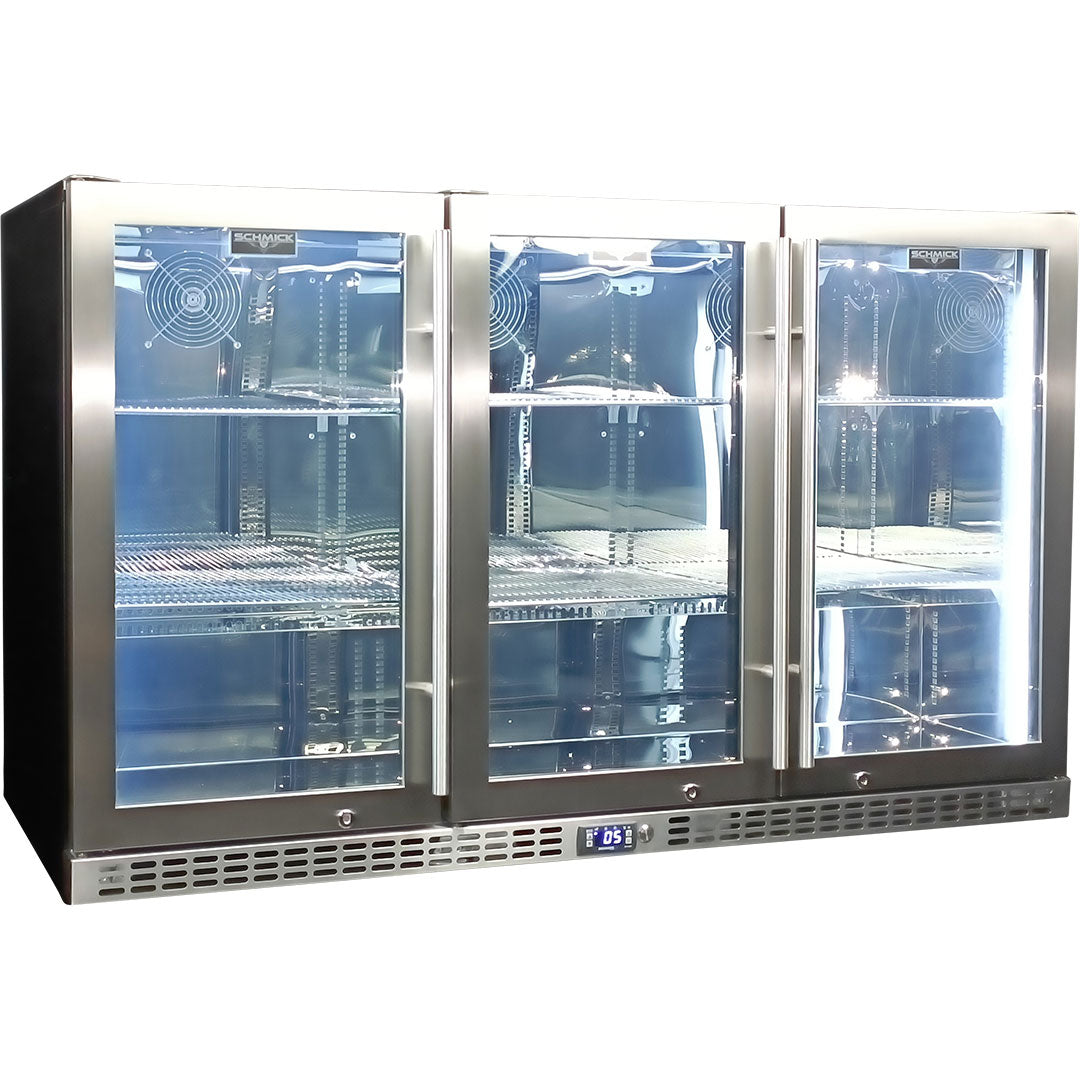 Schmick 3 Door Quiet Running Stainless Steel Glass Door Bar Fridge Model SK386-SS