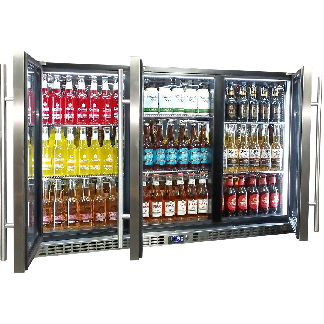 Schmick 3 Door Quiet Running Stainless Steel Glass Door Bar Fridge Model SK386-SS