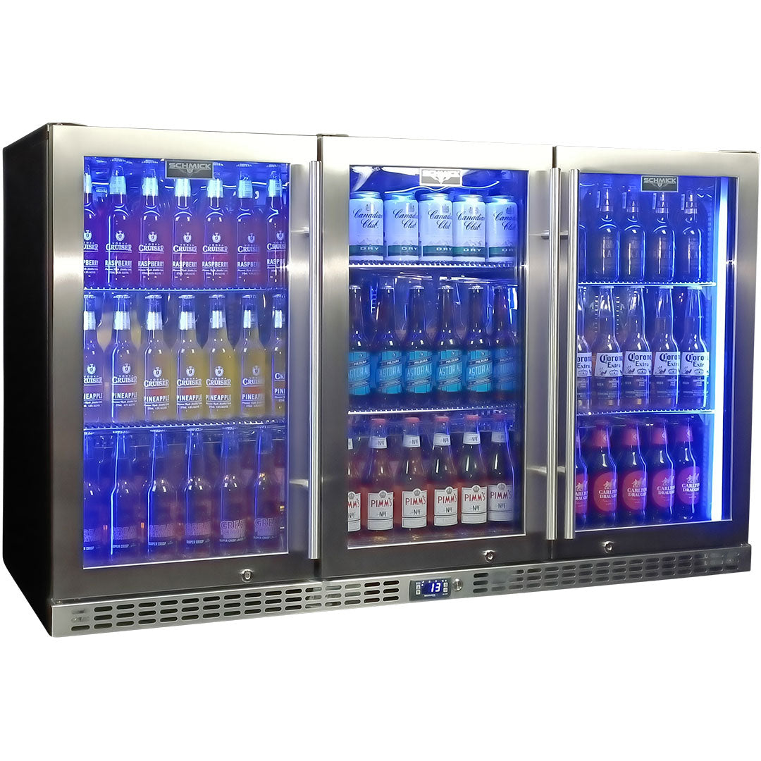 Schmick 3 Door Quiet Running Stainless Steel Glass Door Bar Fridge Model SK386-SS