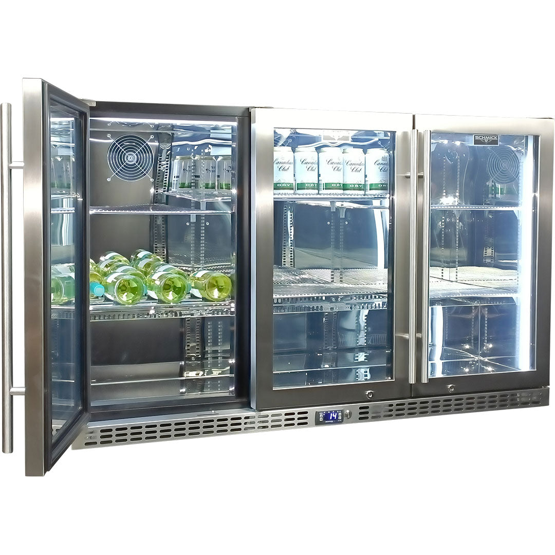 Schmick 3 Door Quiet Running Stainless Steel Glass Door Bar Fridge Model SK386-SS