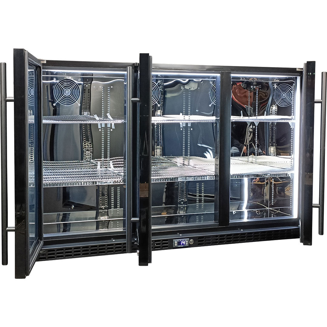 Schmick 3 Door Quiet Running Triple Glazed Black Glass Door Bar Fridge Model SK386-B