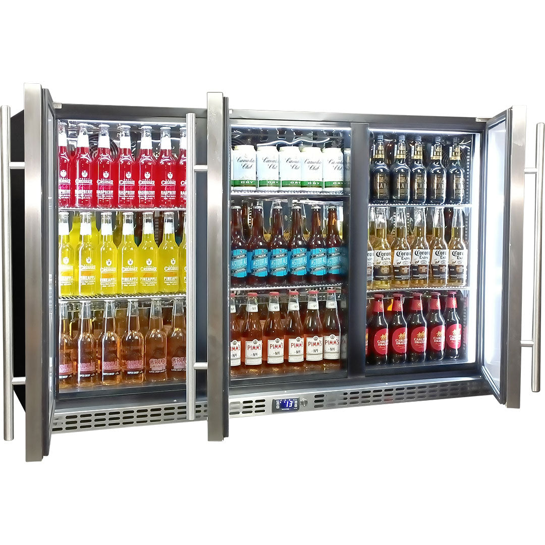 Schmick 3 Door Quiet Running Solid Stainless Steel Door Bar Fridge Model SK386-SD