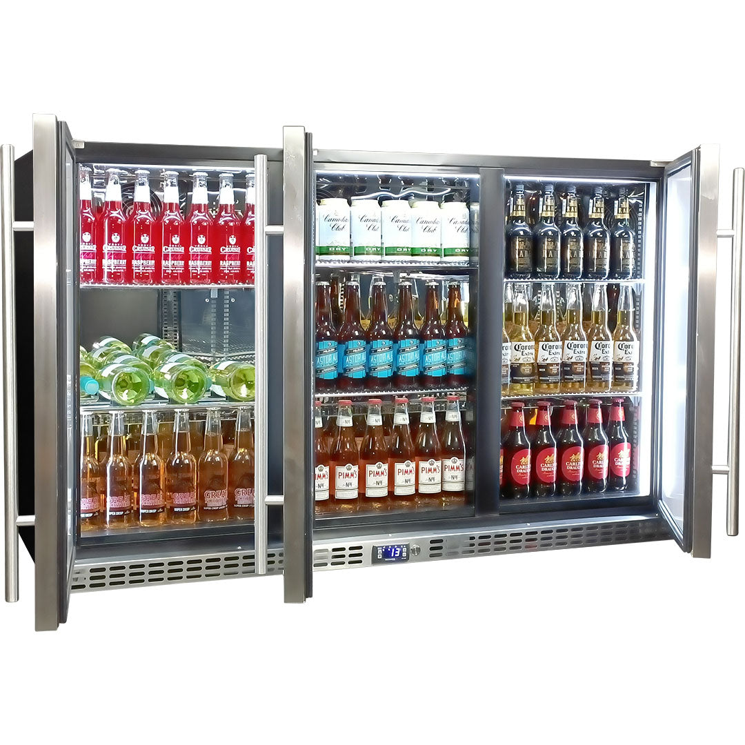 Schmick 3 Door Quiet Running Solid Stainless Steel Door Bar Fridge Model SK386-SD