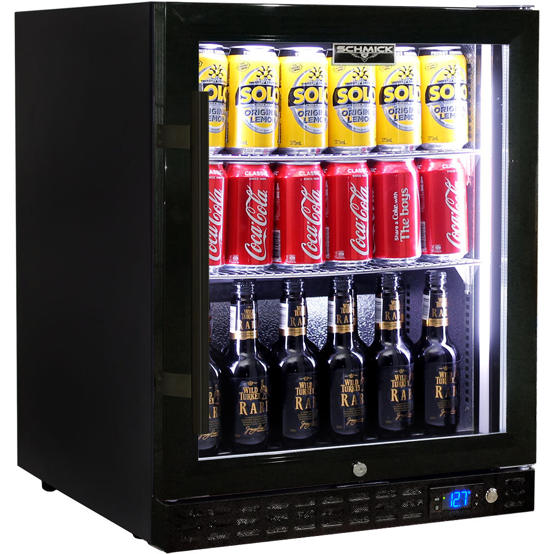 Schmick Quiet Running Front Venting Under Bench Heated Glass Door Bar Fridge Model SK86R-B-HD