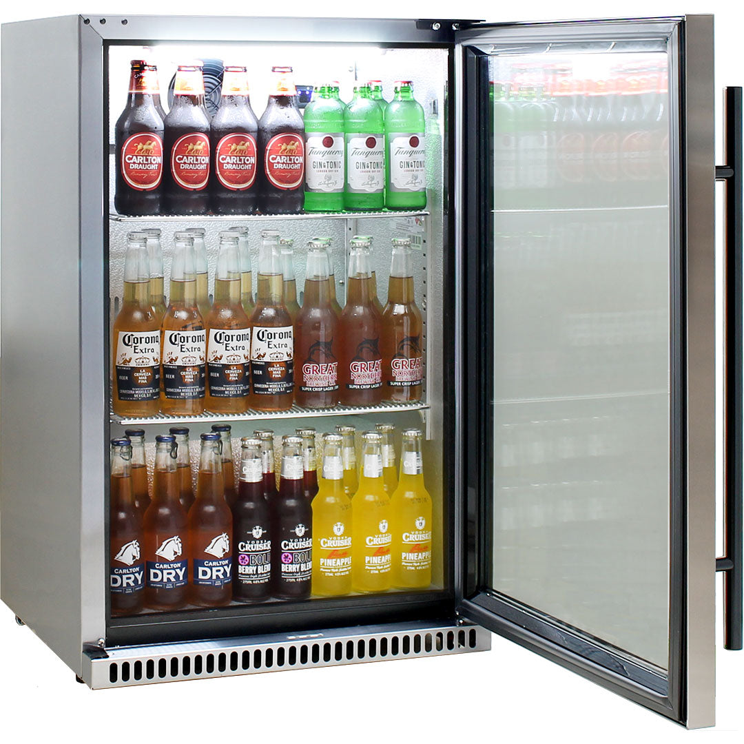 Schmick 304 Stainless Steel Bar Fridge Tropical Rated With Heated Glass and Triple Glazing 1 Door Model SK118R-SS