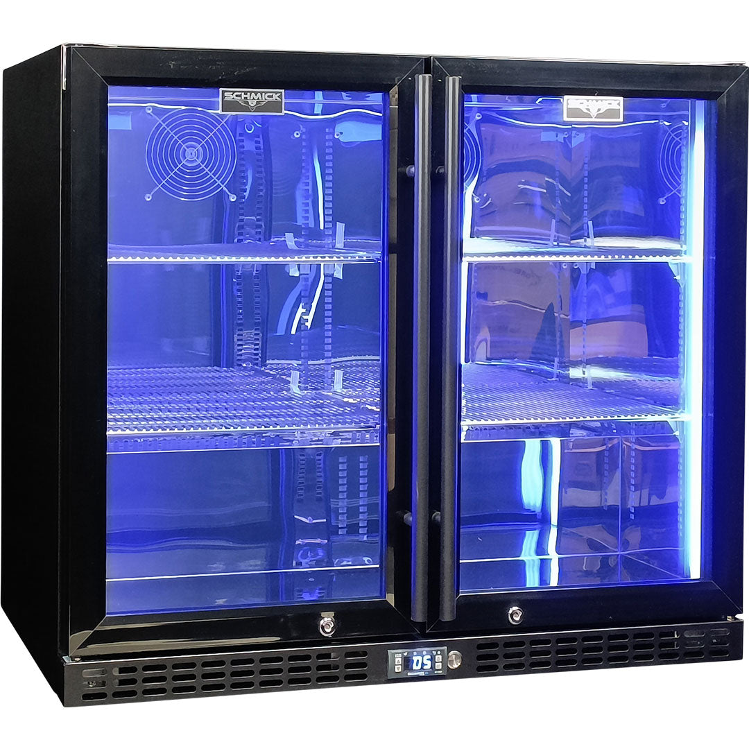 Schmick Twin Door Quiet Running  Black Heated Glass Door Bar Fridge Model SK206-B-HD - Low Height