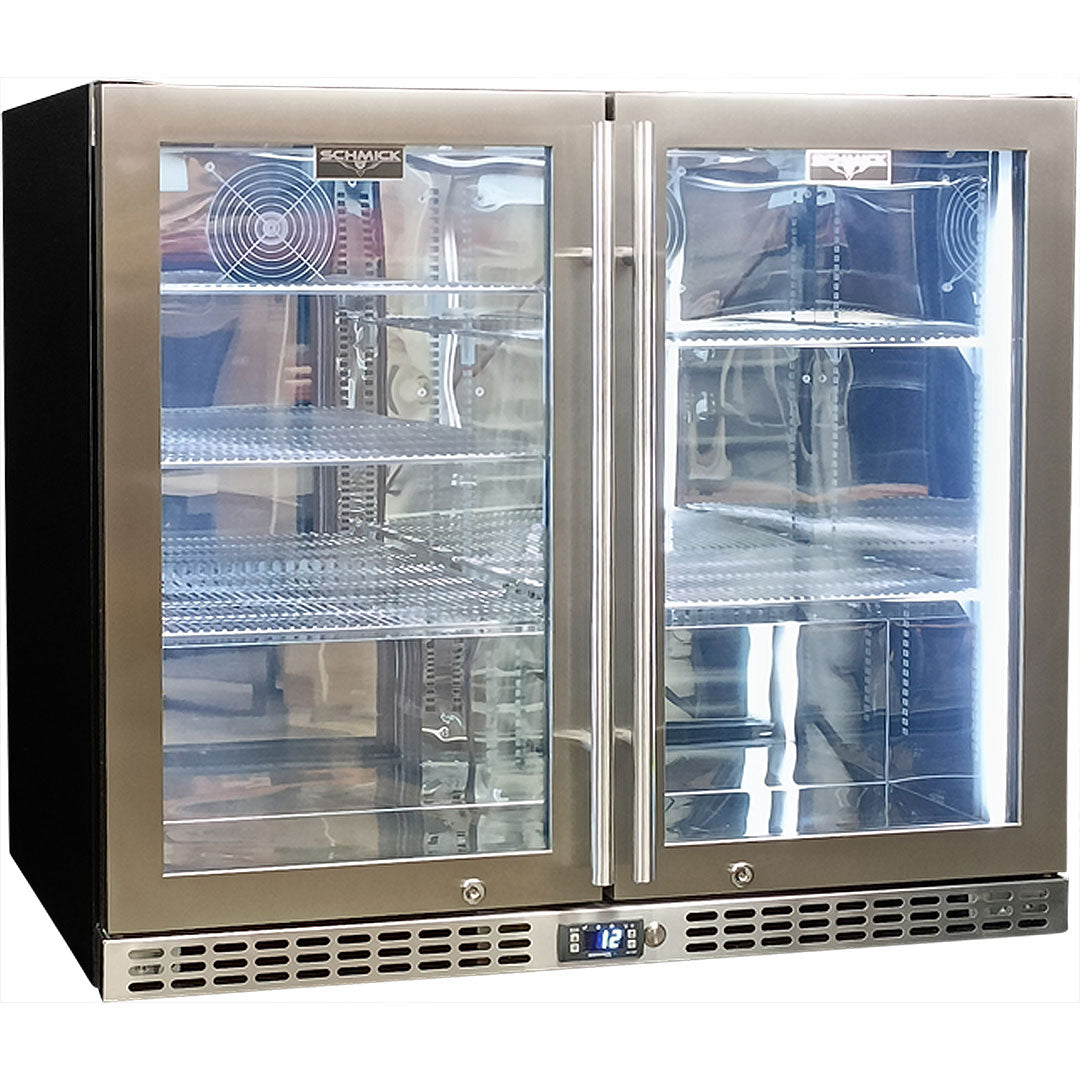 Schmick Twin Door Quiet Running Stainless Steel Heated Glass Door Bar Fridge Model SK206-HD - Low Height