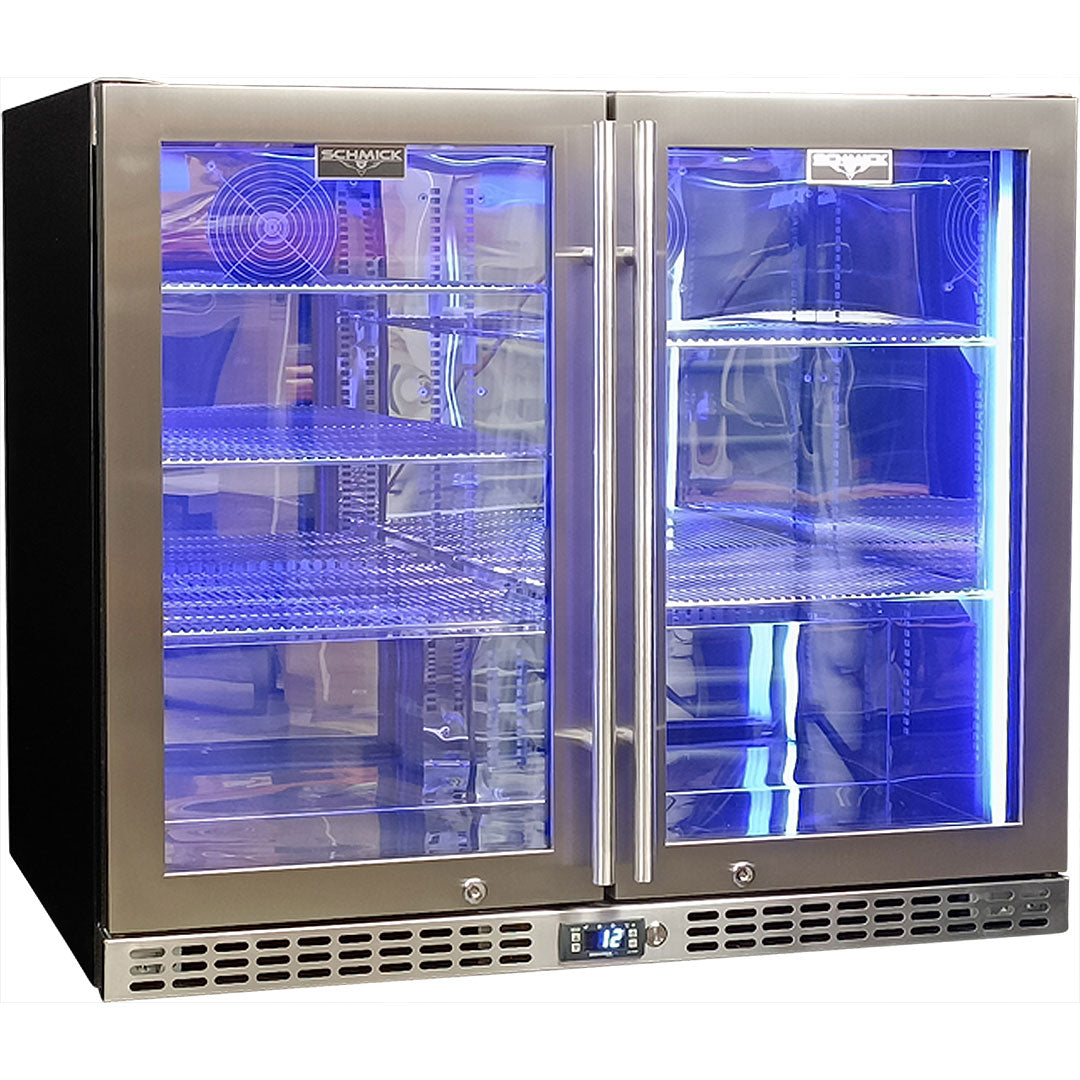 Schmick Twin Door Quiet Running Stainless Steel Heated Glass Door Bar Fridge Model SK206-HD - Low Height