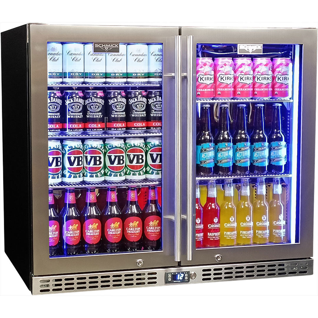 Schmick Twin Door Quiet Running Stainless Steel Heated Glass Door Bar Fridge Model SK206-HD - Low Height